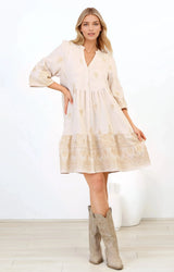 Brooke Mini Dress - Mandarin Collar Embroidered Button Down Dress with Pockets in Beige