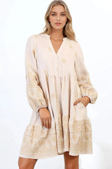 Brooke Mini Dress - Mandarin Collar Embroidered Button Down Dress with Pockets in Beige
