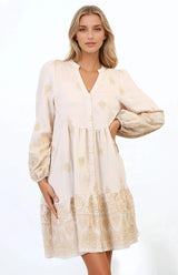 Brooke Mini Dress - Mandarin Collar Embroidered Button Down Dress with Pockets in Beige