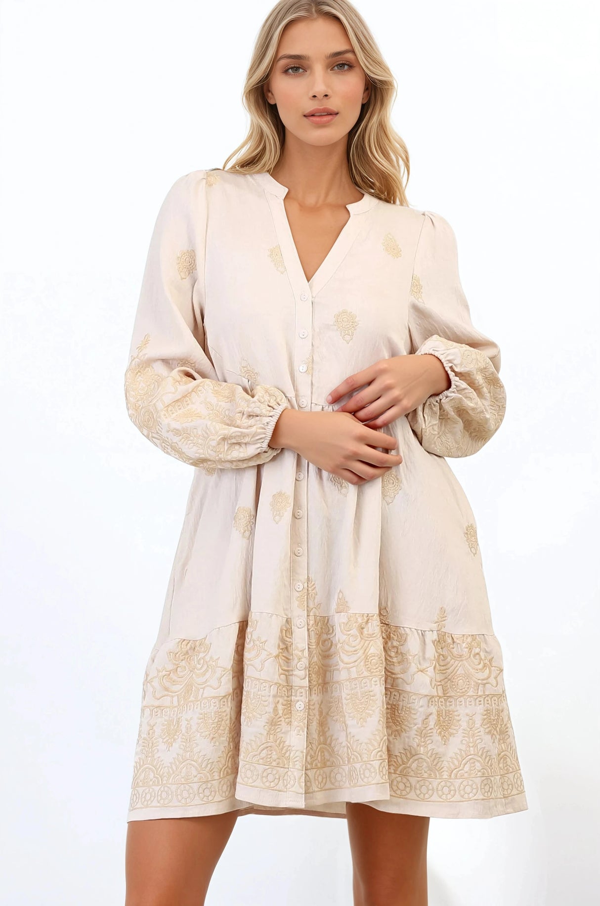 Brooke Mini Dress - Mandarin Collar Embroidered Button Down Dress with Pockets in Beige
