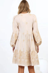 Brooke Mini Dress - Mandarin Collar Embroidered Button Down Dress with Pockets in Beige