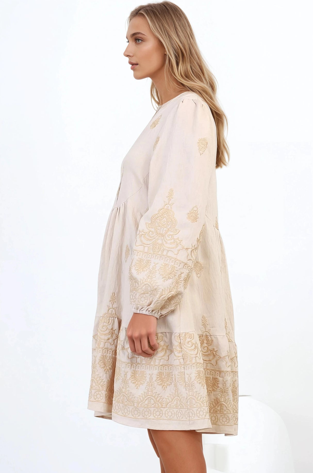 Brooke Mini Dress - Mandarin Collar Embroidered Button Down Dress with Pockets in Beige