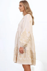Brooke Mini Dress - Mandarin Collar Embroidered Button Down Dress with Pockets in Beige