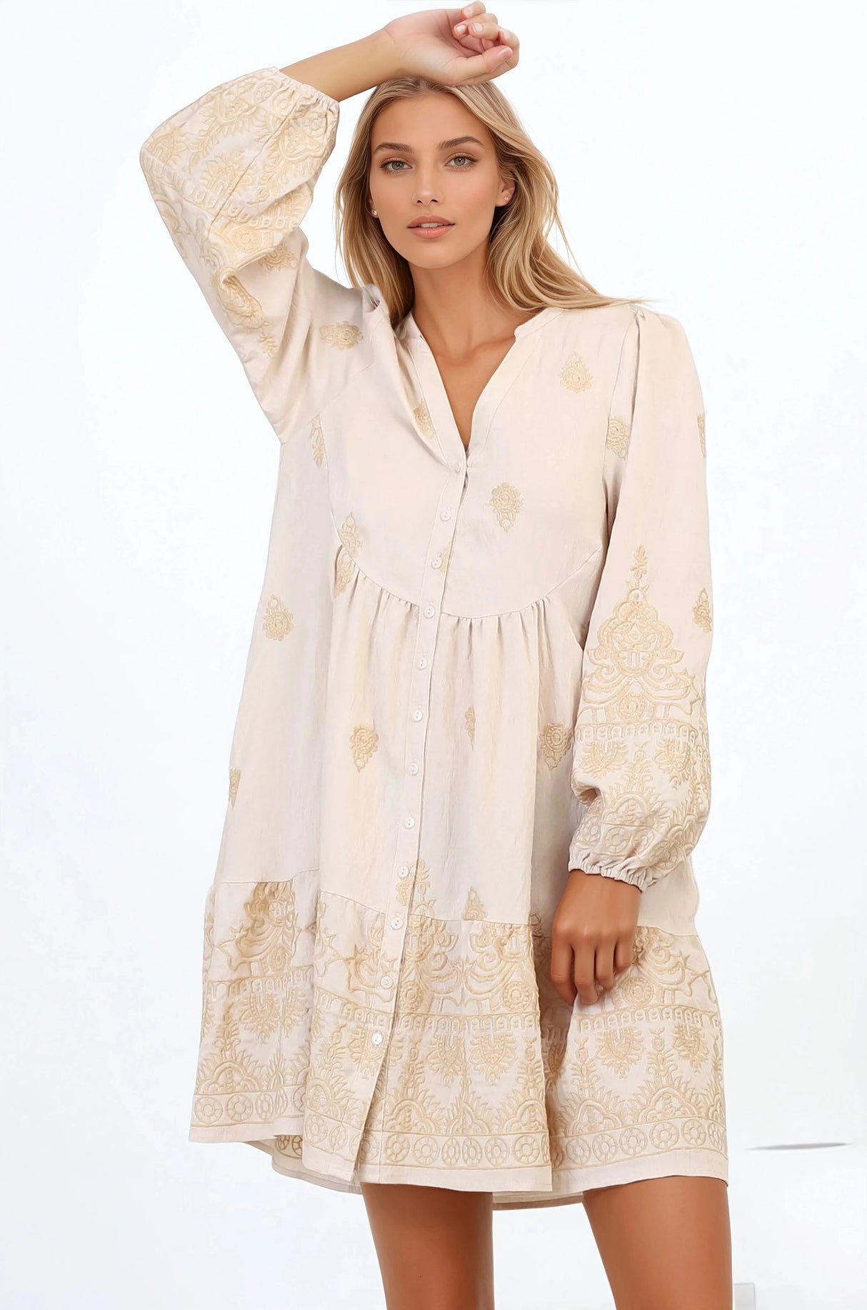 Brooke Mini Dress - Mandarin Collar Embroidered Button Down Dress with Pockets in Beige