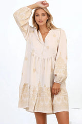 Brooke Mini Dress - Mandarin Collar Embroidered Button Down Dress with Pockets in Beige