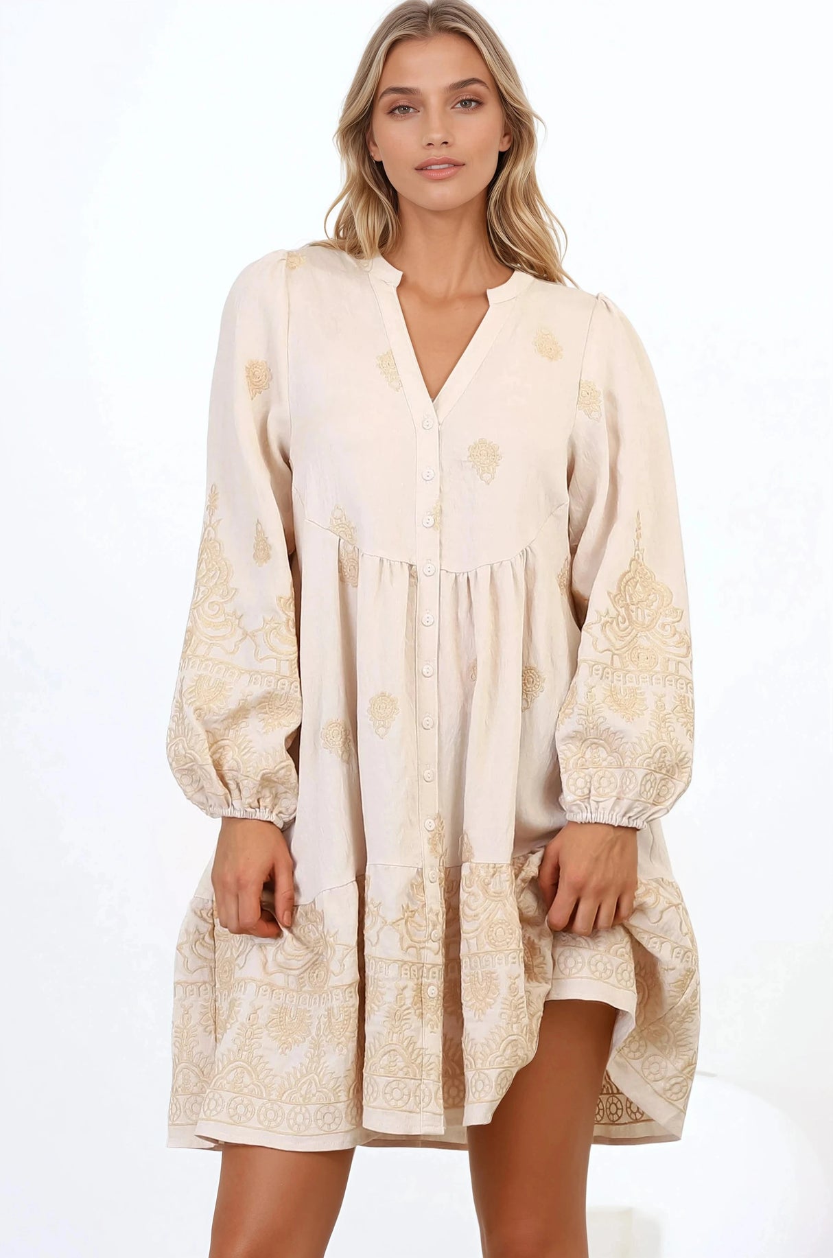 Brooke Mini Dress - Mandarin Collar Embroidered Button Down Dress with Pockets in Beige