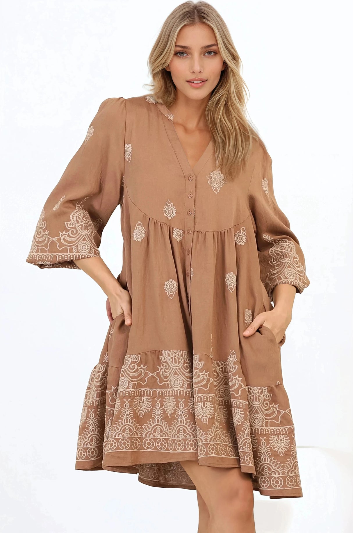 Brooke Mini Dress - Mandarin Collar Embroidered Button Down Dress with Pockets in Tan