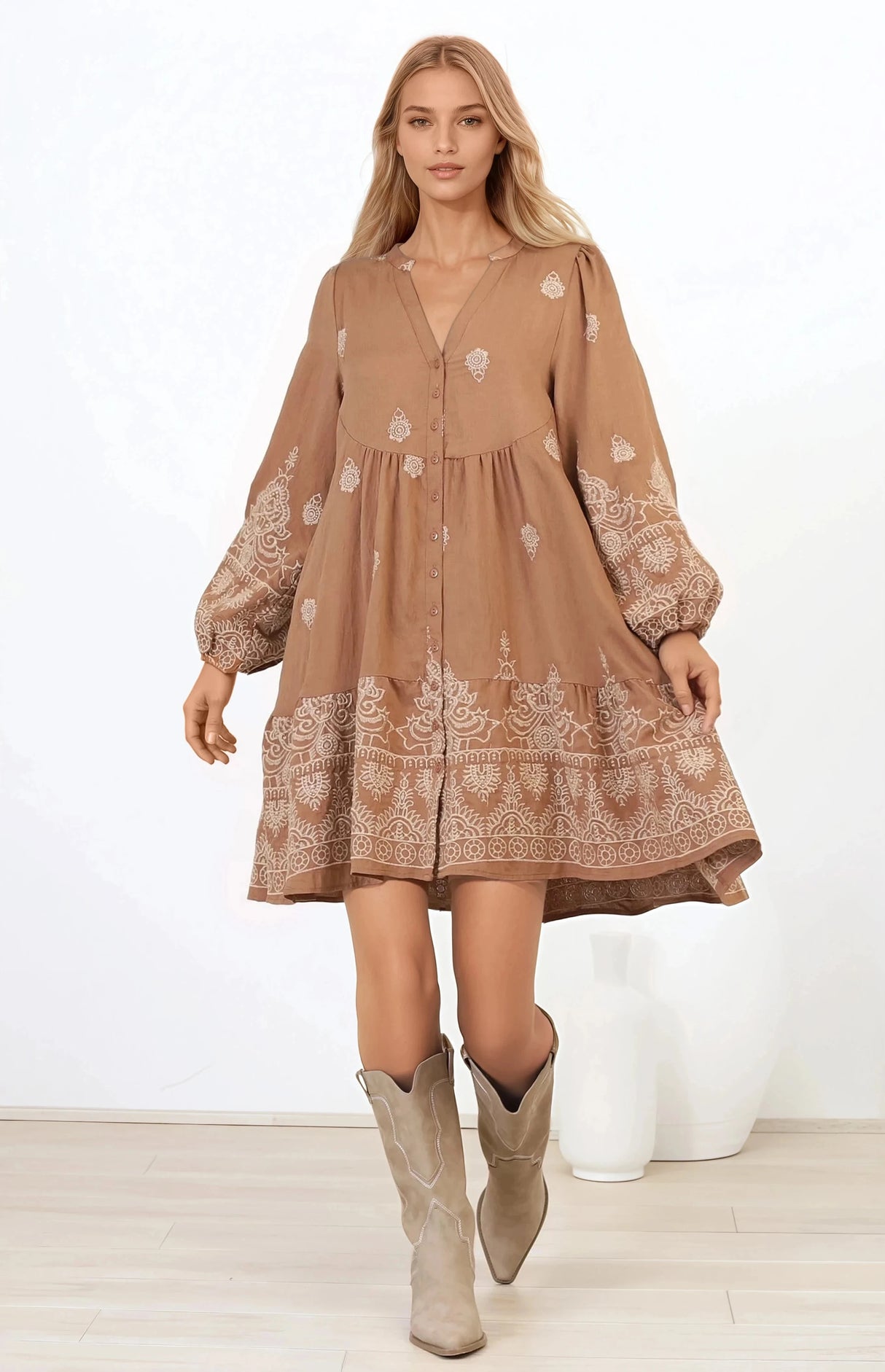Brooke Mini Dress - Mandarin Collar Embroidered Button Down Dress with Pockets in Tan