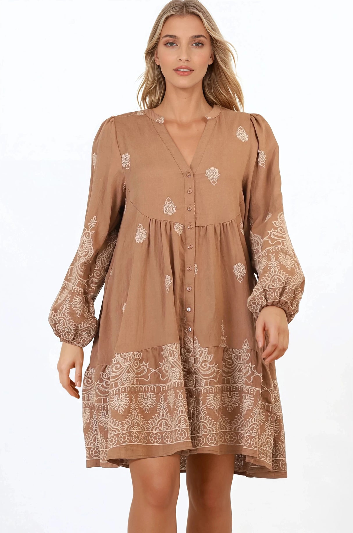 Brooke Mini Dress - Mandarin Collar Embroidered Button Down Dress with Pockets in Tan