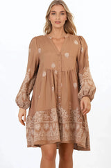 Brooke Mini Dress - Mandarin Collar Embroidered Button Down Dress with Pockets in Tan
