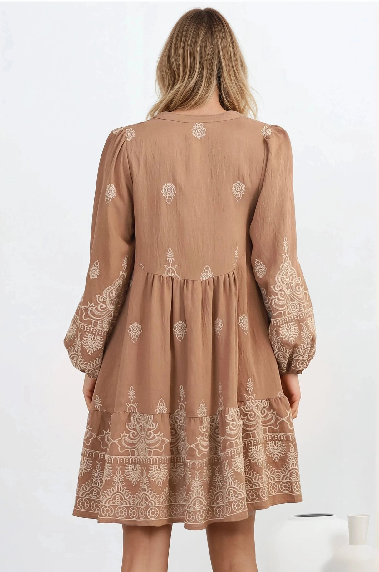 Brooke Mini Dress - Mandarin Collar Embroidered Button Down Dress with Pockets in Tan