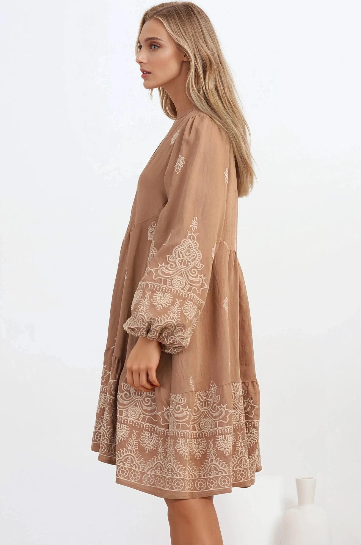Brooke Mini Dress - Mandarin Collar Embroidered Button Down Dress with Pockets in Tan