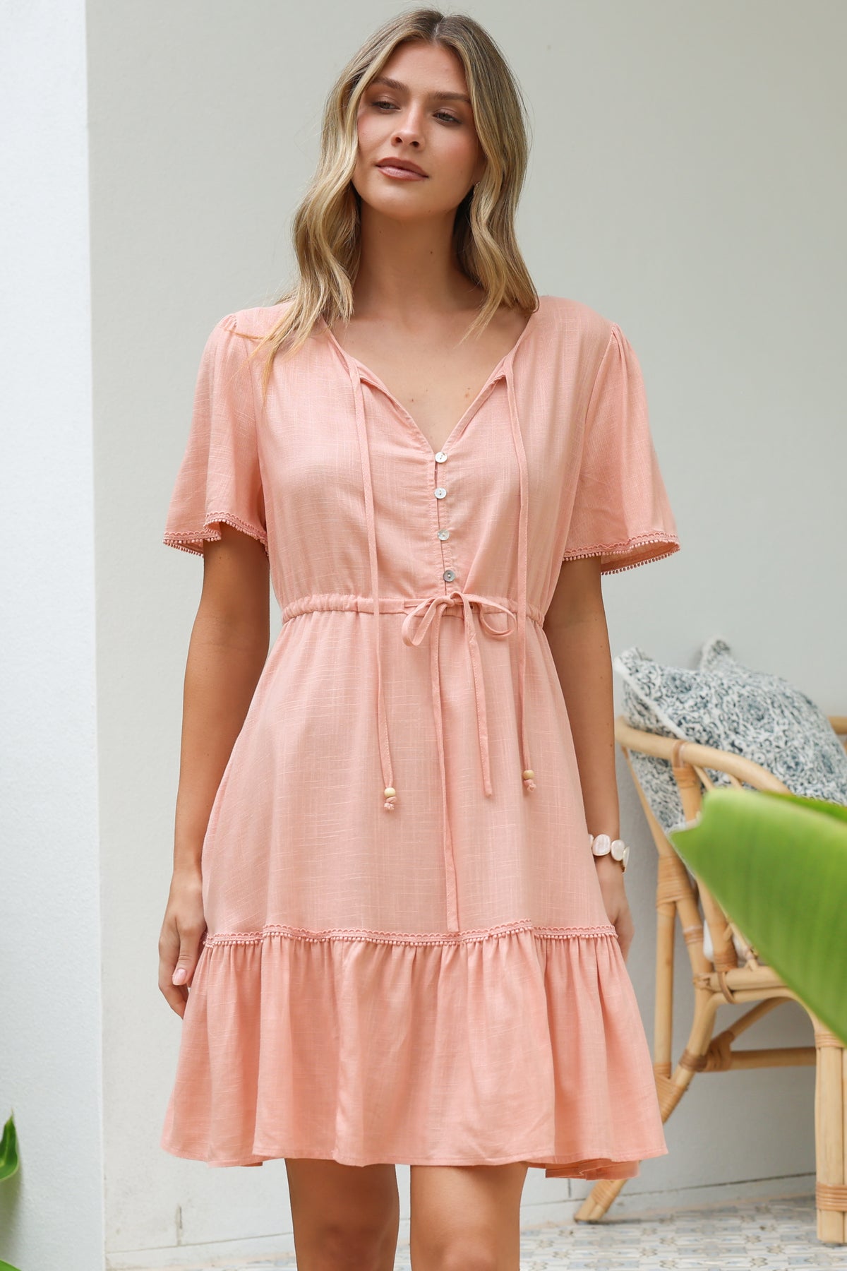 Brownie Mini Dress - Lace Trim Drawstring Waist Dress with Short Sleeves in Blush