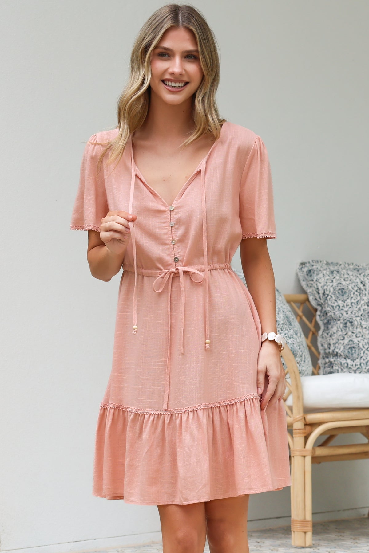 Brownie Mini Dress - Lace Trim Drawstring Waist Dress with Short Sleeves in Blush