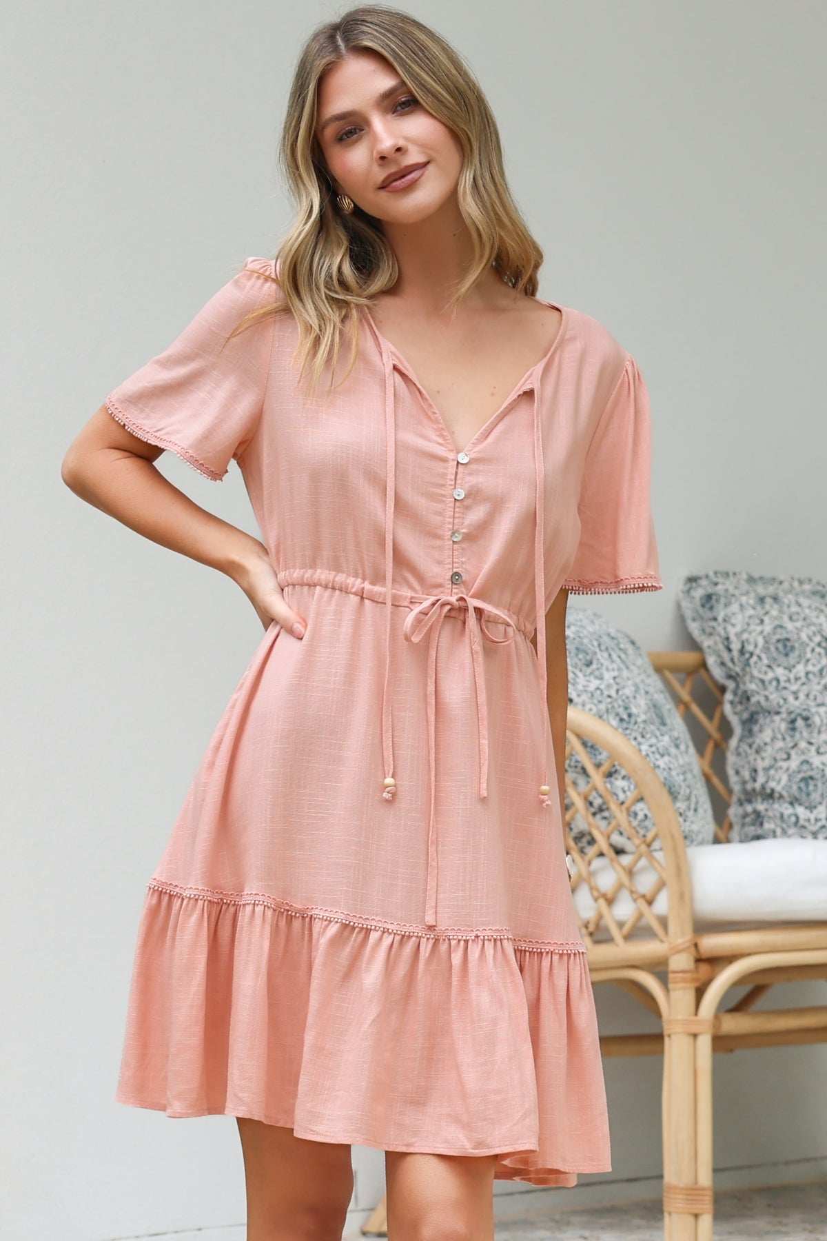 Brownie Mini Dress - Lace Trim Drawstring Waist Dress with Short Sleeves in Blush