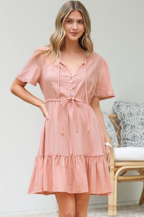 Brownie Mini Dress - Lace Trim Drawstring Waist Dress with Short Sleeves in Blush