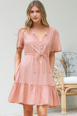 Brownie Mini Dress - Lace Trim Drawstring Waist Dress with Short Sleeves in Blush