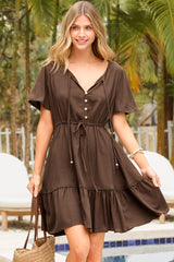 Brownie Mini Dress - Lace Trim Drawstring Waist Dress with Short Sleeves in Chocolate