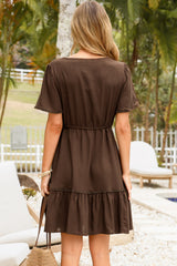 Brownie Mini Dress - Lace Trim Drawstring Waist Dress with Short Sleeves in Chocolate