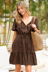Brownie Mini Dress - Lace Trim Drawstring Waist Dress with Short Sleeves in Chocolate