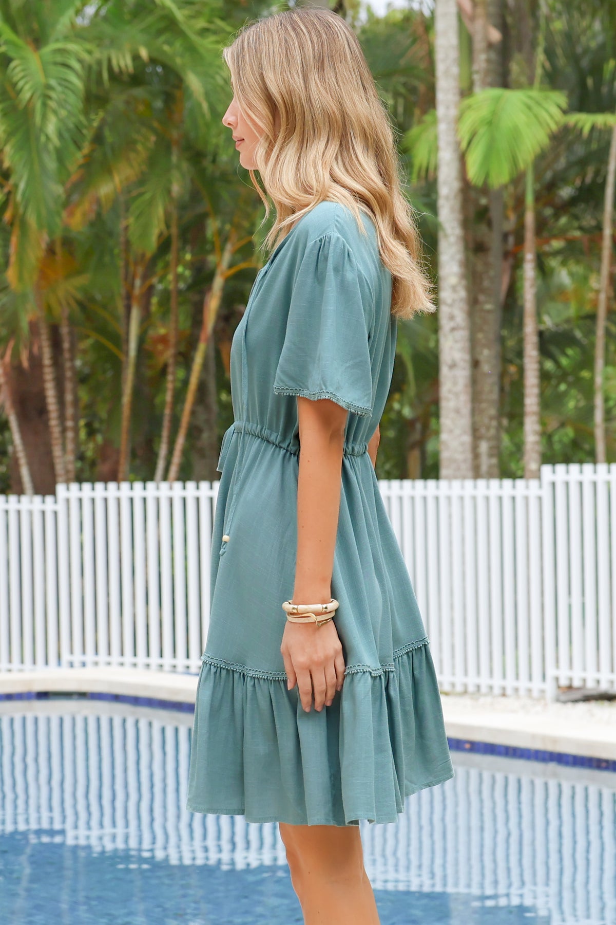 Brownie Mini Dress - Lace Trim Drawstring Waist Dress with Short Sleeves in Sage