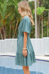 Brownie Mini Dress - Lace Trim Drawstring Waist Dress with Short Sleeves in Sage