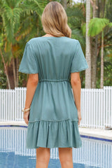 Brownie Mini Dress - Lace Trim Drawstring Waist Dress with Short Sleeves in Sage