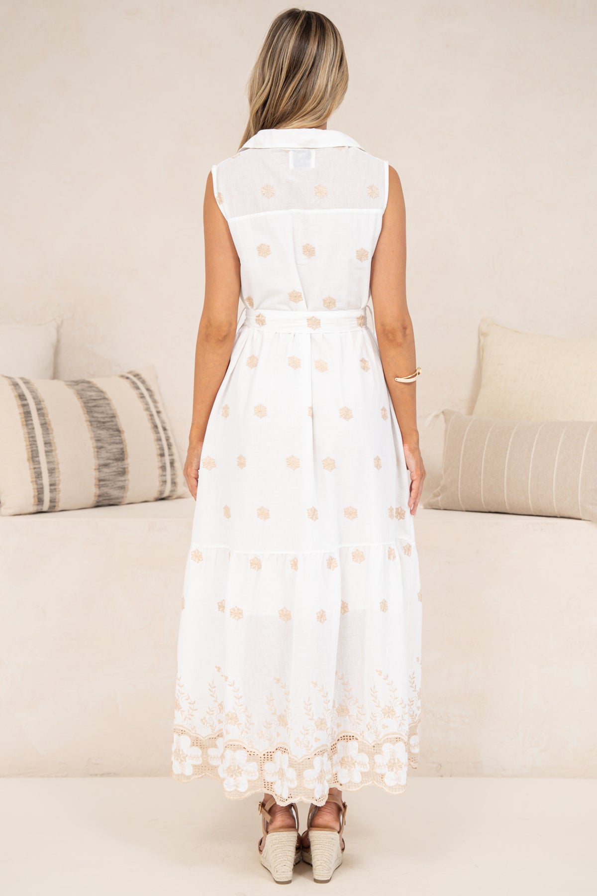 Bruna Midi Dress - Collared Embroidered Shirt Dress with Lace Trim Hem in Palmira Print