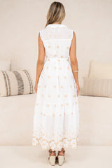Bruna Midi Dress - Collared Embroidered Shirt Dress with Lace Trim Hem in Palmira Print