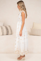Bruna Midi Dress - Collared Embroidered Shirt Dress with Lace Trim Hem in Palmira Print