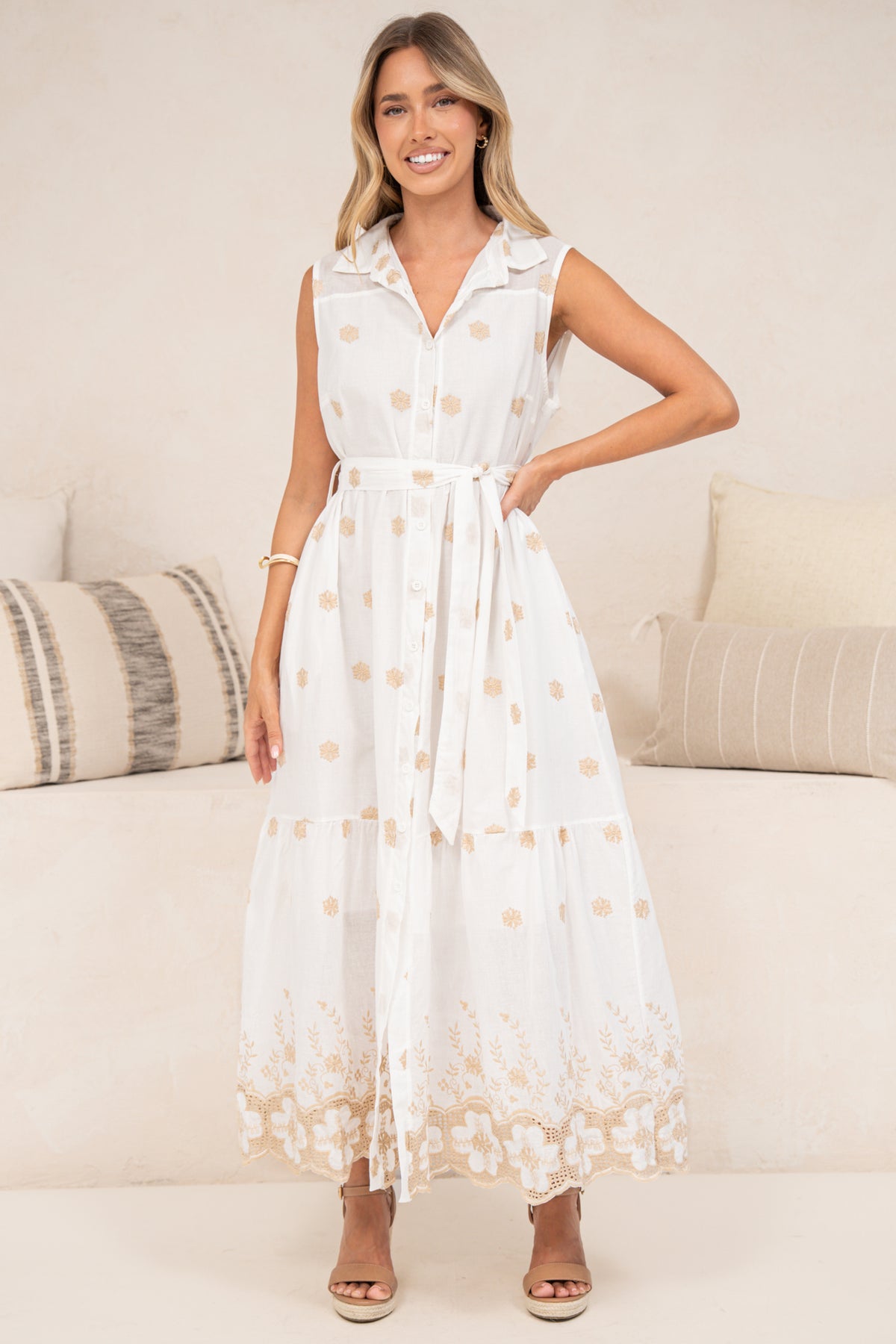 Bruna Midi Dress - Collared Embroidered Shirt Dress with Lace Trim Hem in Palmira Print