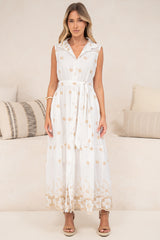 Bruna Midi Dress - Collared Embroidered Shirt Dress with Lace Trim Hem in Palmira Print