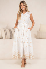 Bruna Midi Dress - Collared Embroidered Shirt Dress with Lace Trim Hem in Palmira Print