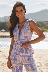 JAASE - Bugsy Top: V Neck Sleeveless Button Down Vest Top in Mai Tai Print