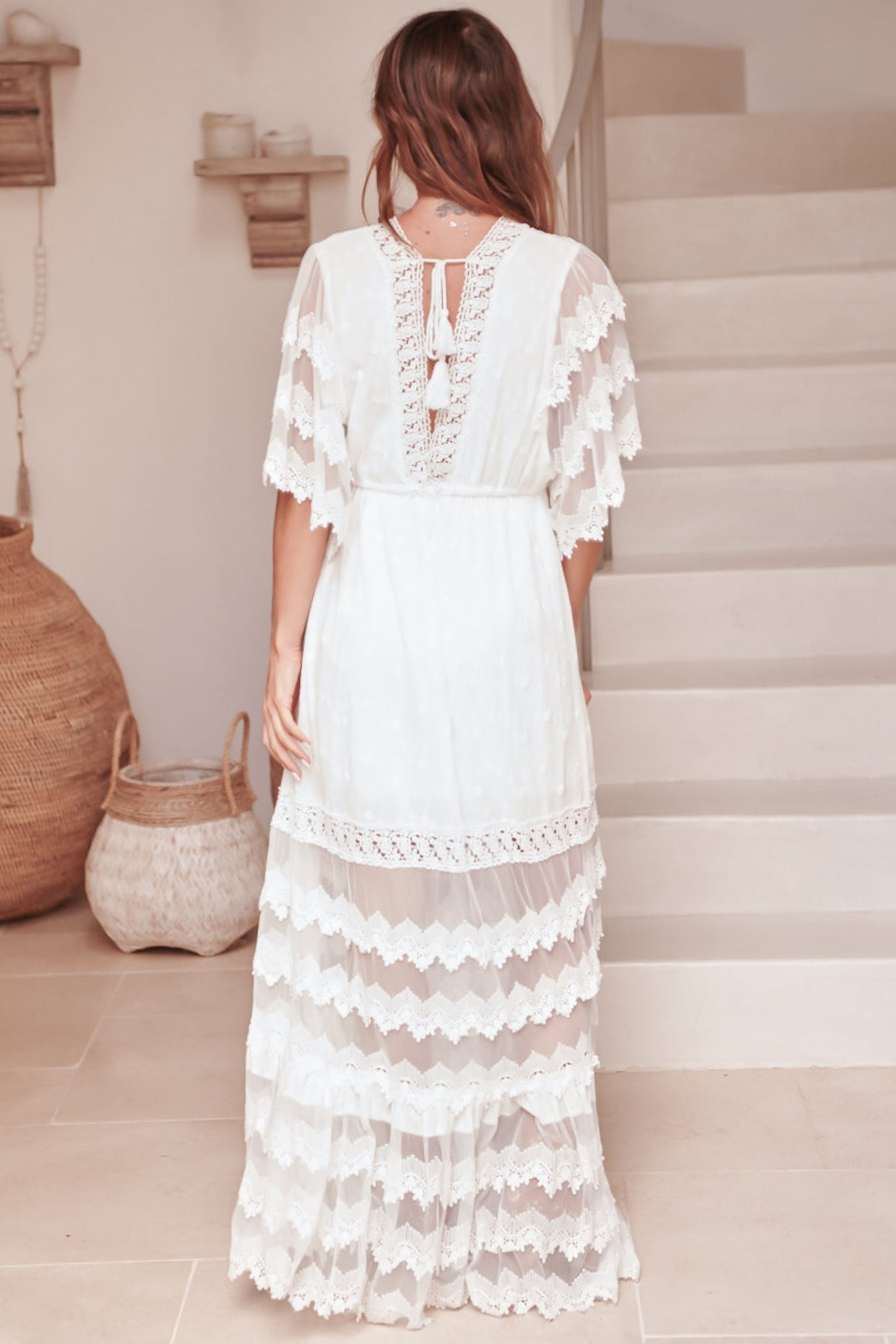 JAASE - Bungalow Maxi Dress: Embroidered Lace Deep V Neck Dress with Open Batwing Sleeves in White