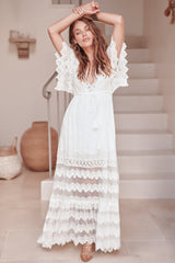 JAASE - Bungalow Maxi Dress: Embroidered Lace Deep V Neck Dress with Open Batwing Sleeves in White