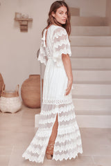 JAASE - Bungalow Maxi Dress: Embroidered Lace Deep V Neck Dress with Open Batwing Sleeves in White