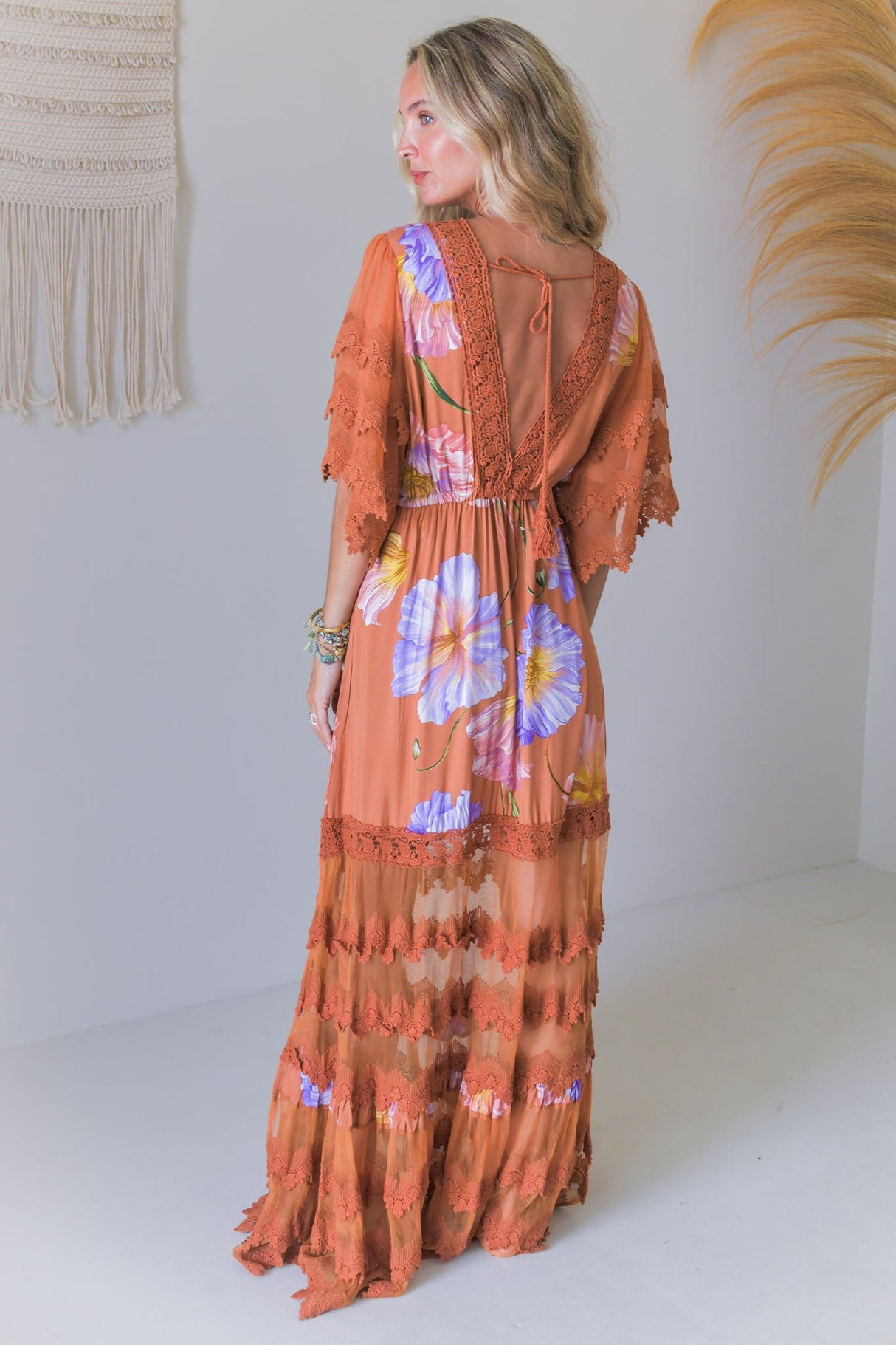 JAASE - Bungalow Maxi Dress: Tiered Lace Deep V Neck Dress with Open Batwing Sleeves in Amara Bloom Print