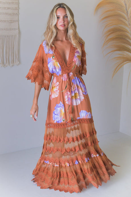 JAASE - Bungalow Maxi Dress: Tiered Lace Deep V Neck Dress with Open Batwing Sleeves in Amara Bloom Print