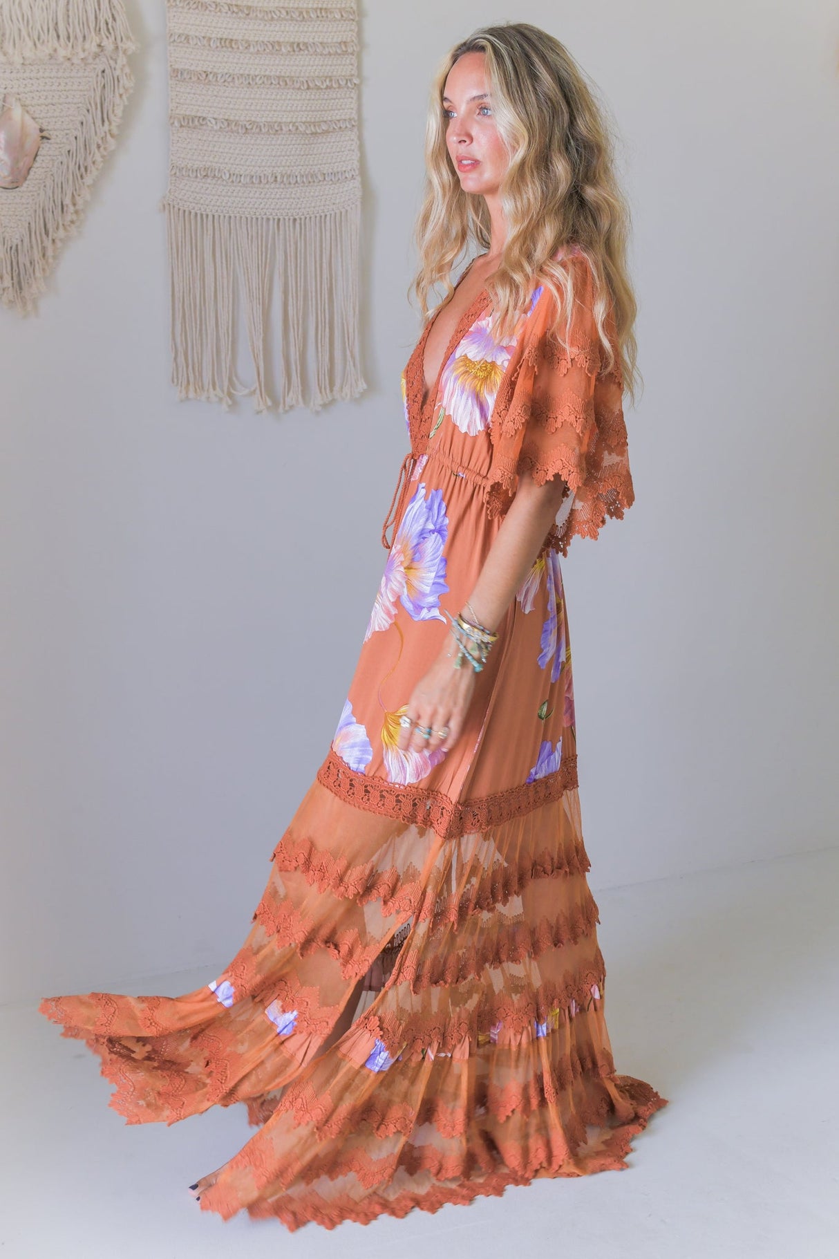 JAASE - Bungalow Maxi Dress: Tiered Lace Deep V Neck Dress with Open Batwing Sleeves in Amara Bloom Print