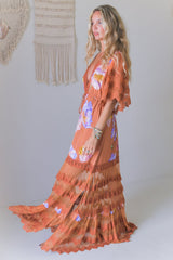 JAASE - Bungalow Maxi Dress: Tiered Lace Deep V Neck Dress with Open Batwing Sleeves in Amara Bloom Print