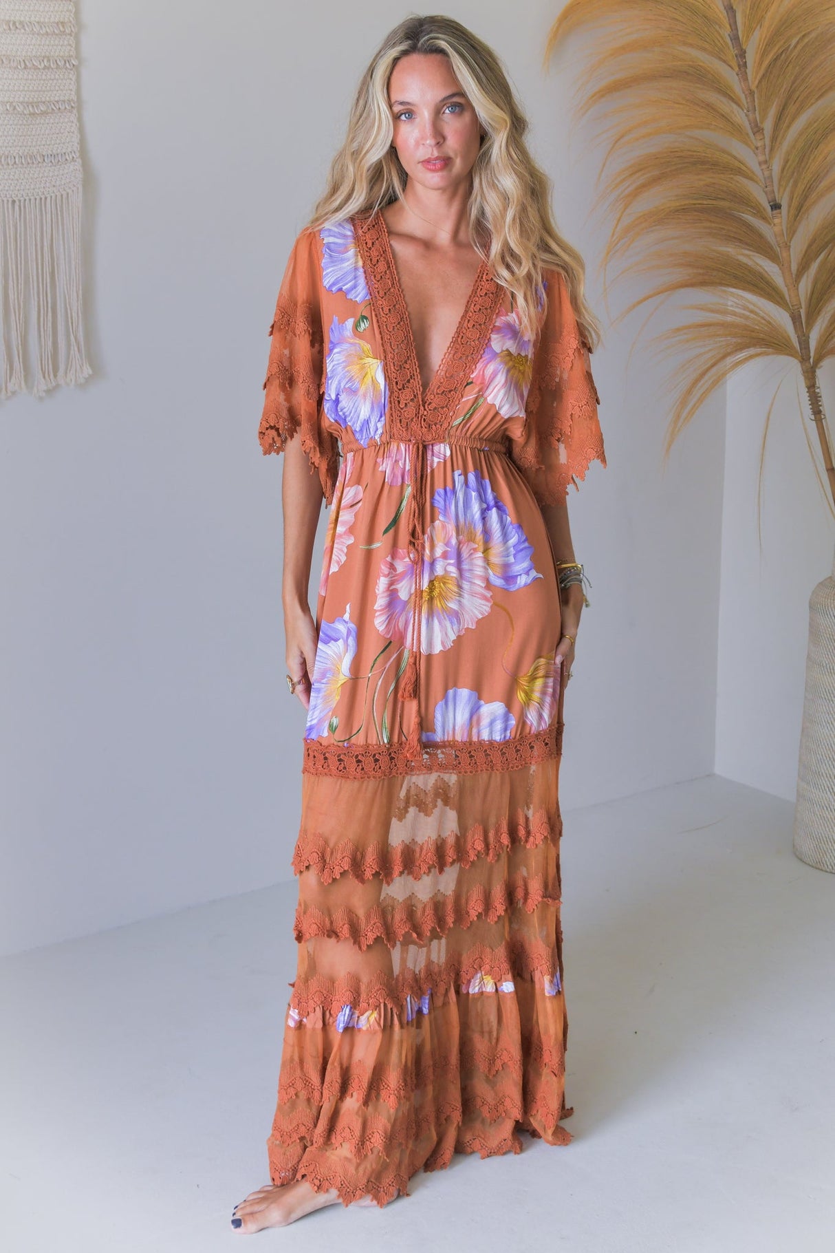 JAASE - Bungalow Maxi Dress: Tiered Lace Deep V Neck Dress with Open Batwing Sleeves in Amara Bloom Print