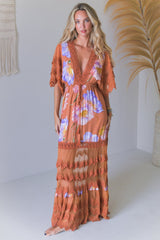 JAASE - Bungalow Maxi Dress: Tiered Lace Deep V Neck Dress with Open Batwing Sleeves in Amara Bloom Print