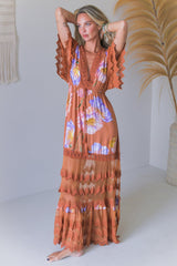 JAASE - Bungalow Maxi Dress: Tiered Lace Deep V Neck Dress with Open Batwing Sleeves in Amara Bloom Print