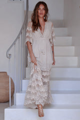 JAASE - Bungalow Maxi Dress: Embroidered Lace Deep V Neck Dress with Open Batwing Sleeves in Sand