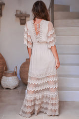 JAASE - Bungalow Maxi Dress: Embroidered Lace Deep V Neck Dress with Open Batwing Sleeves in Sand