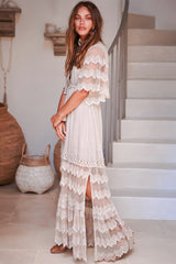 JAASE - Bungalow Maxi Dress: Embroidered Lace Deep V Neck Dress with Open Batwing Sleeves in Sand