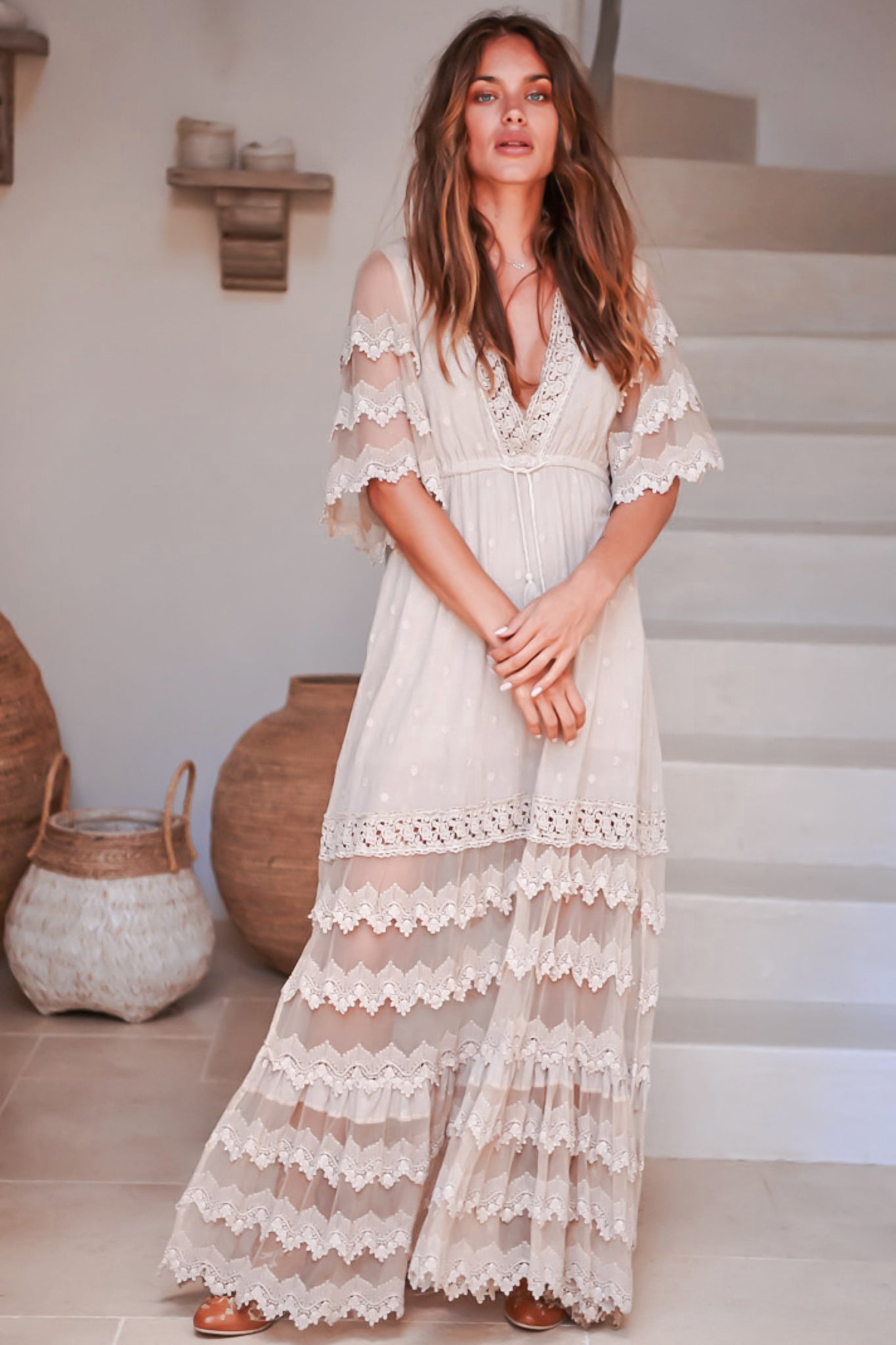 JAASE - Bungalow Maxi Dress: Emroidered Lace Deep V Neck Dress with Open Batwing Sleeves in Sand