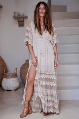 JAASE - Bungalow Maxi Dress: Embroidered Lace Deep V Neck Dress with Open Batwing Sleeves in Sand