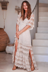 JAASE - Bungalow Maxi Dress: Embroidered Lace Deep V Neck Dress with Open Batwing Sleeves in Sand